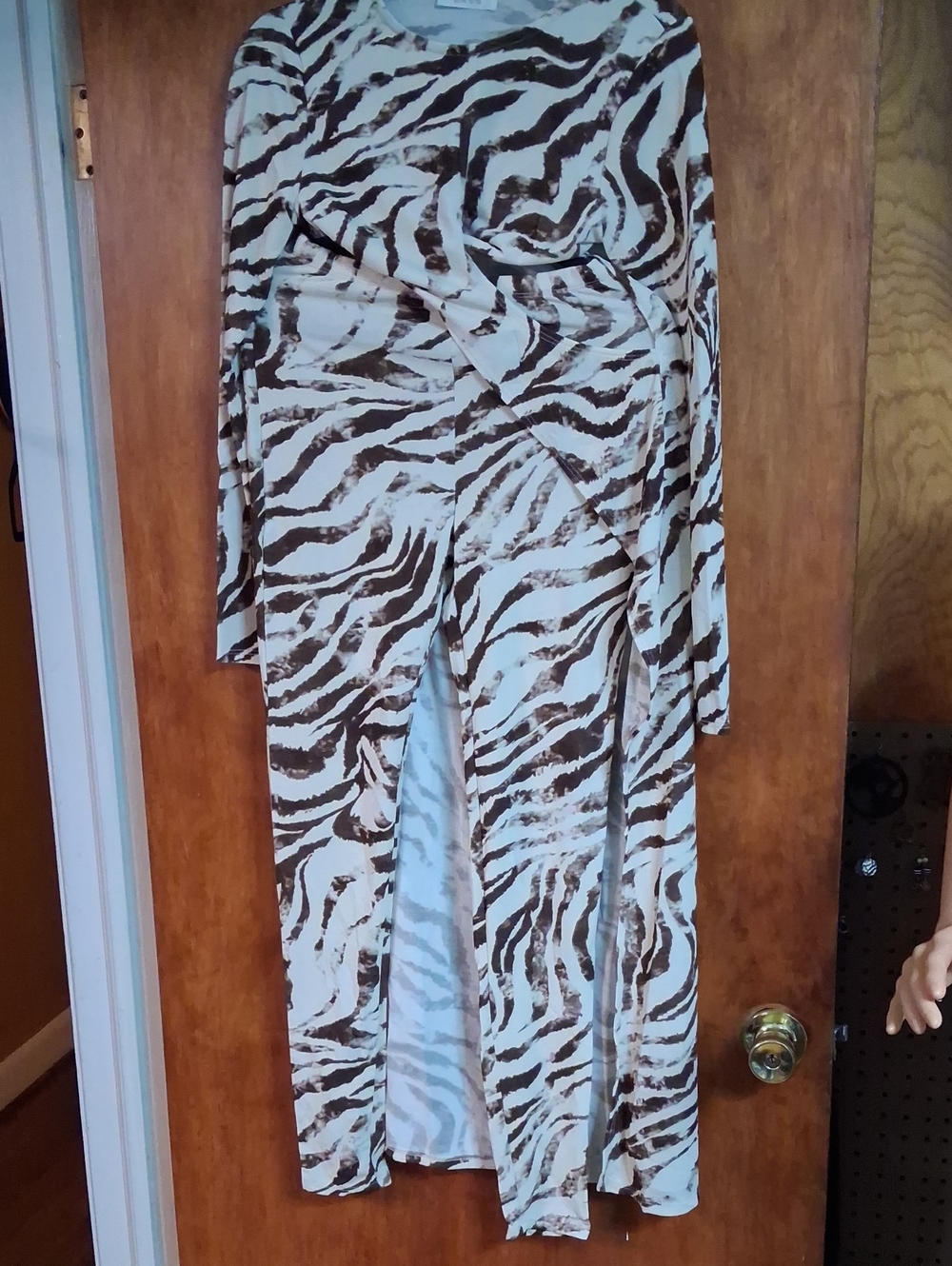 Brown and White Zebra-Print Long Sleeve Cut Out CARDIGAN PANT SET
